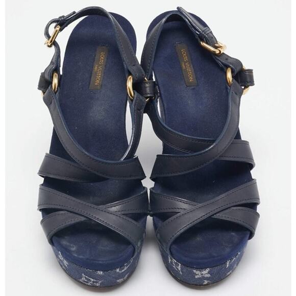 Louis Vuitton Navy Blue Leather and Monogram Denim Ocean Wedge Sandals Size 38.5 - Picture 4 of 7
